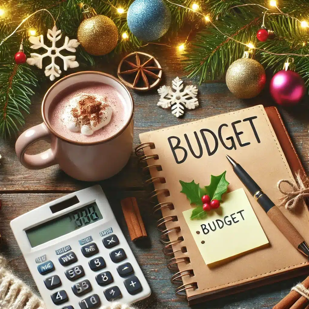 Christmas tree, cocoa, calculater and budget.